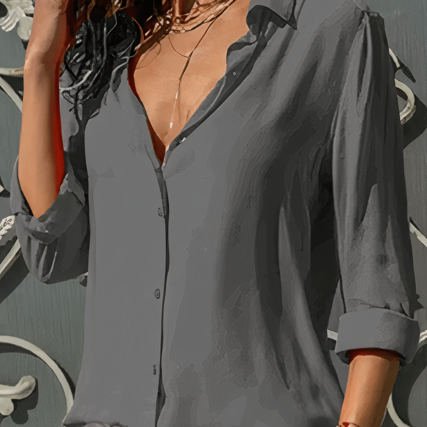 Dámská halenka z lehké látky – Volný střih – 3/4 rukávy – Elegantní zapínání na knoflíky