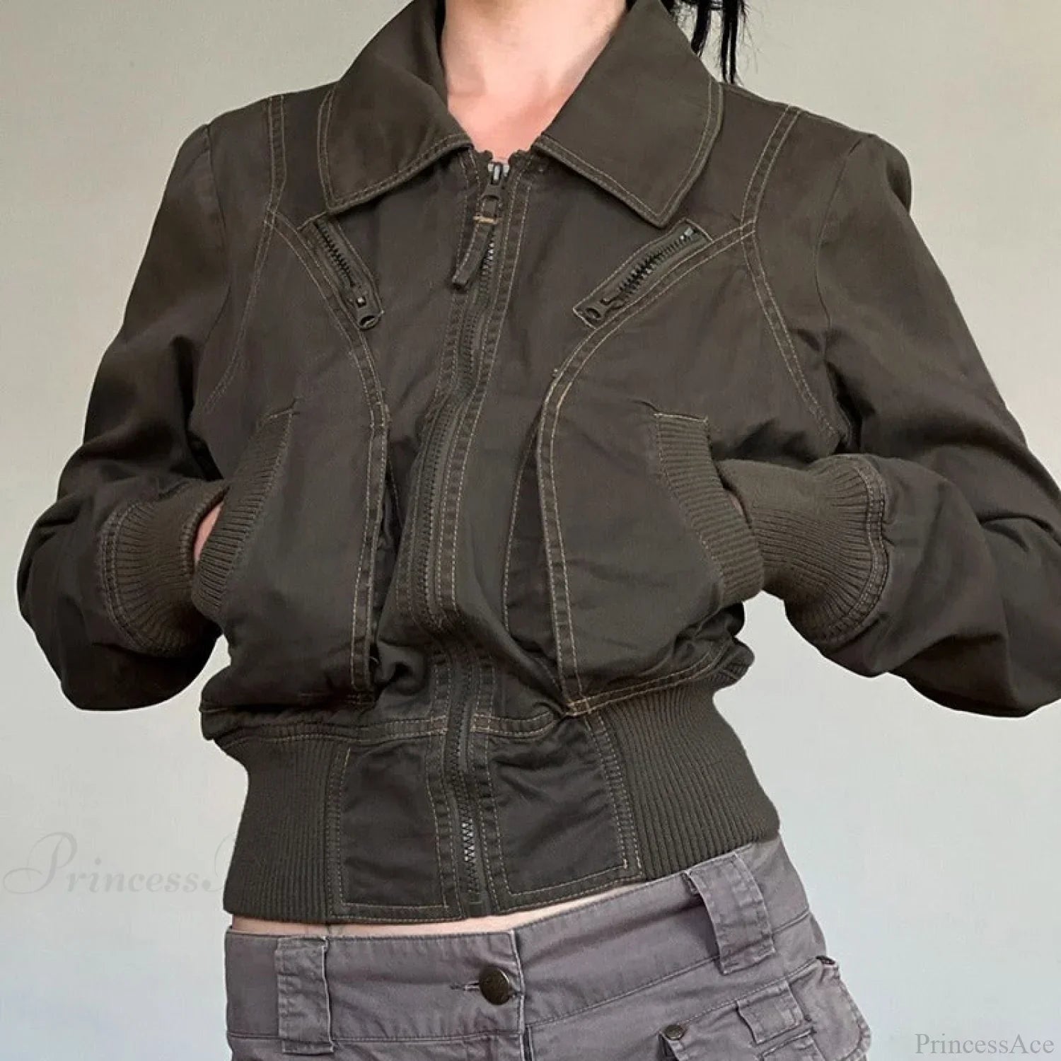 Vintage funkčná bunda se zapínáním na zip a kapsami, slim střih