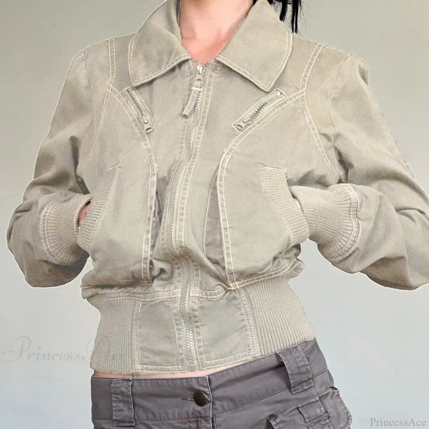 Vintage funkčná bunda se zapínáním na zip a kapsami, slim střih